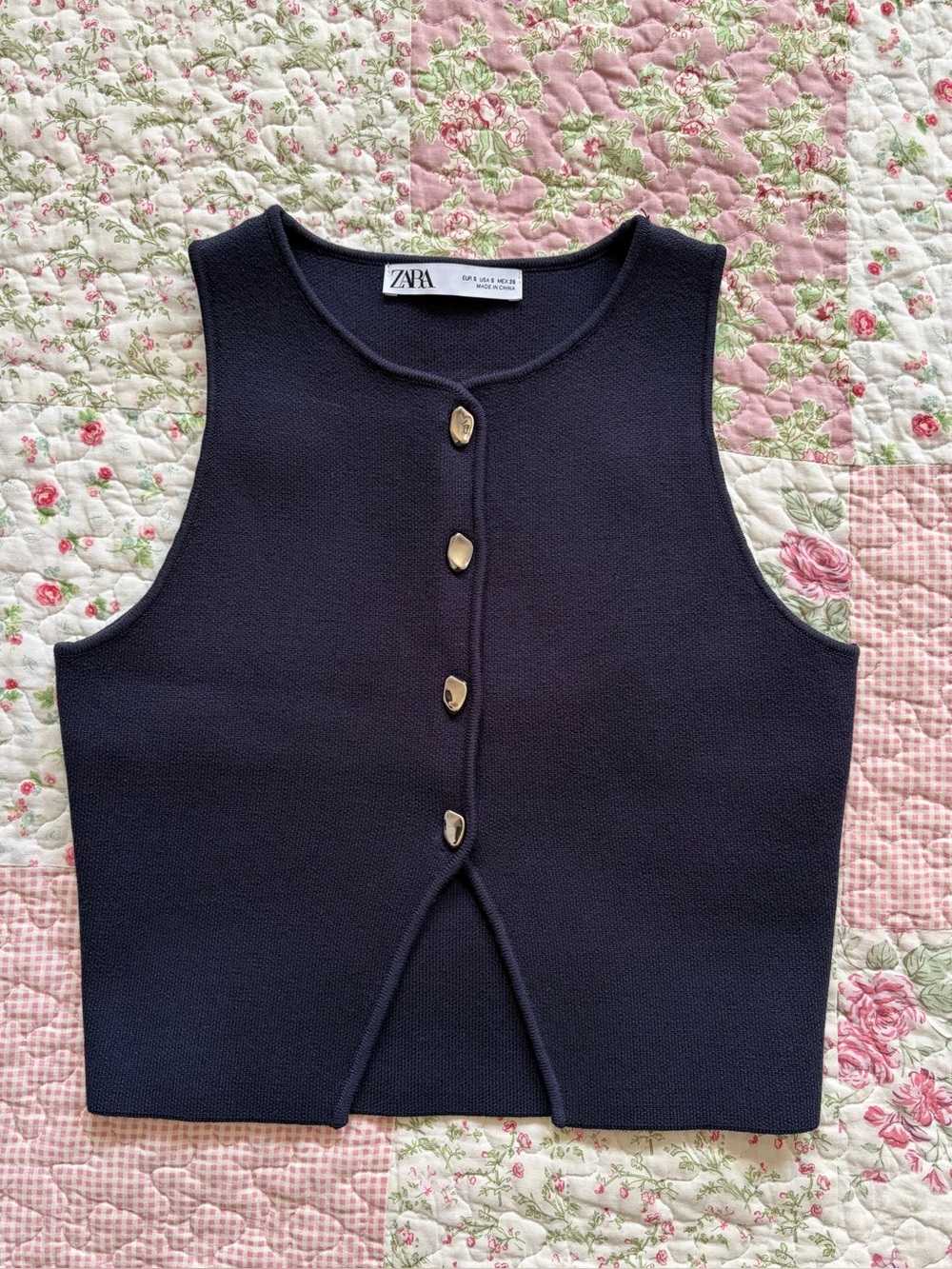 Zara Navy Sleeveless Knit Button-Front Top - Picture 1 of 4